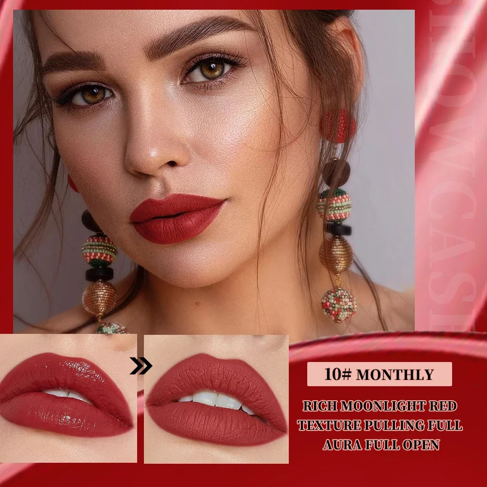 QIBEST 10 Couleurs Nude Mat Rouge à Lèvres Liquide Brillant à Lèvres Soyeux Imperméable Coupe Antiadhésive Teinte à Lèvres Rouge Violet Longue Durée Maquillage Durable