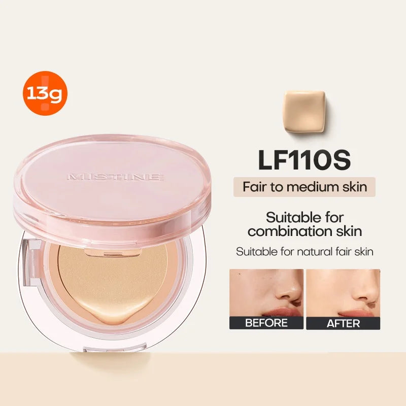 Crema hidratante en polvo Mistine Foundation Air Cushion con acabado natural y húmedo para pieles mixtas (13 g, 1 unidad)