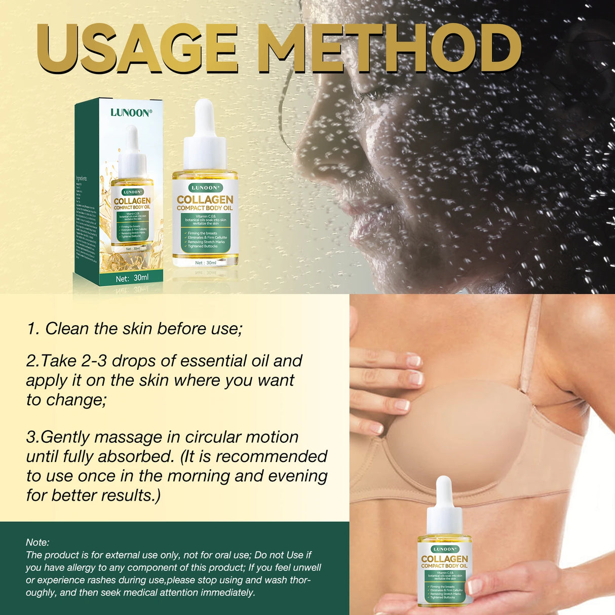 Aceite corporal compacto de colágeno, reduce arrugas y estrías, reafirma el pecho y los glúteos, equilibra las hormonas y cuida la piel de las mujeres.