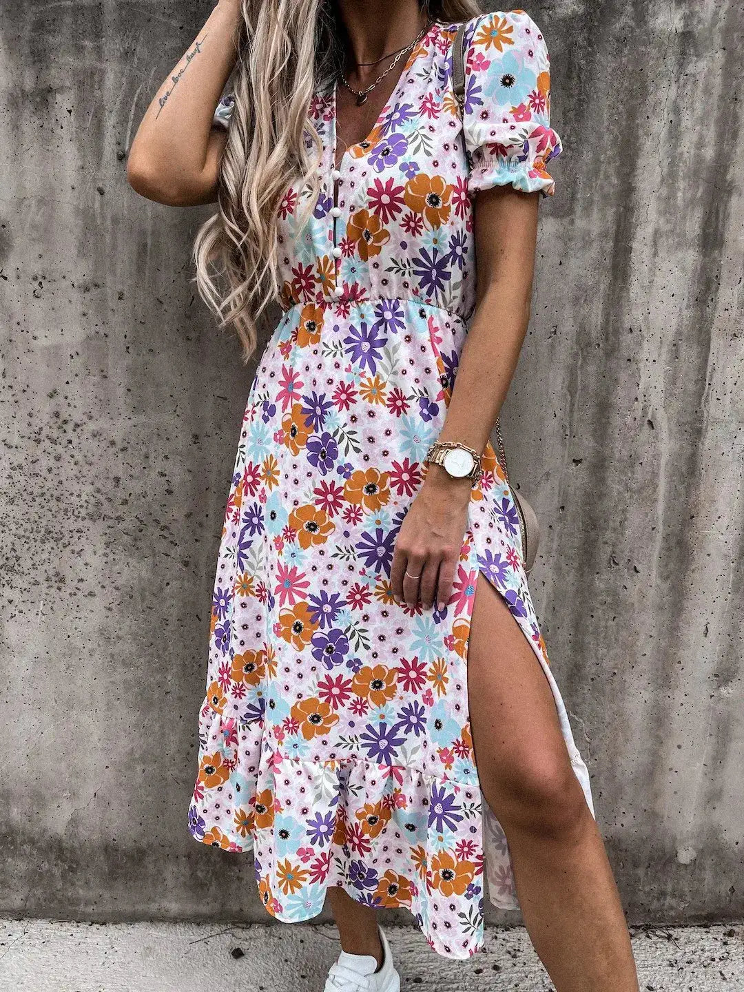 Summer Floral Print Dress Women V Neck Side Slit Long Dress Elegant Short Sleeve Button Slim Spring Female Party Dress Vestidos - Lootquake