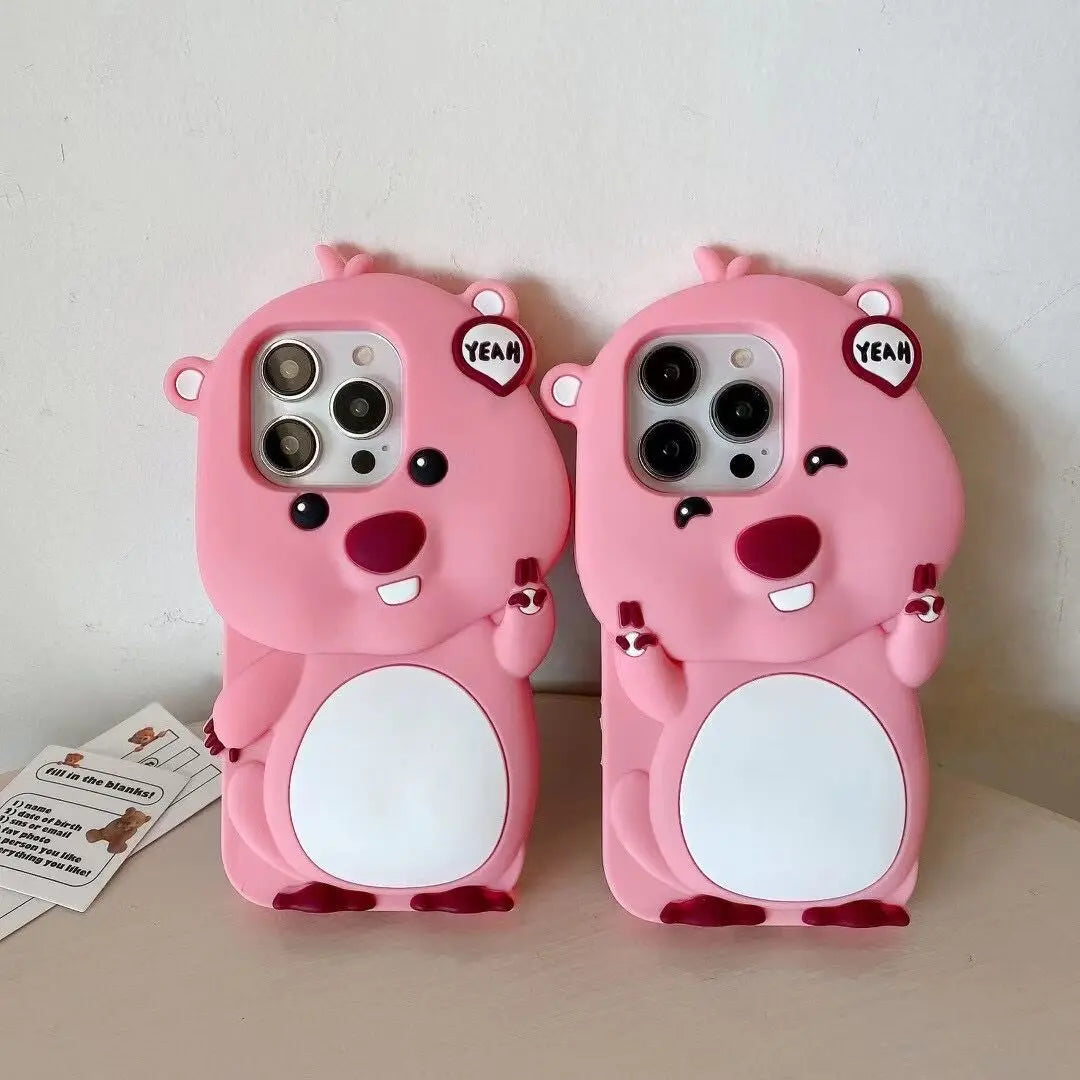 Funda para teléfono rosa con dibujos animados en 3D