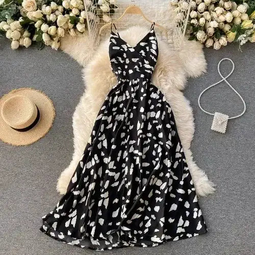 Neploe Vintage Print Holiday Long Dress Women High Waist Hip A Line Vestidos Summer 2025 New V Neck Sleeveless Camis Robe Slim - Lootquake