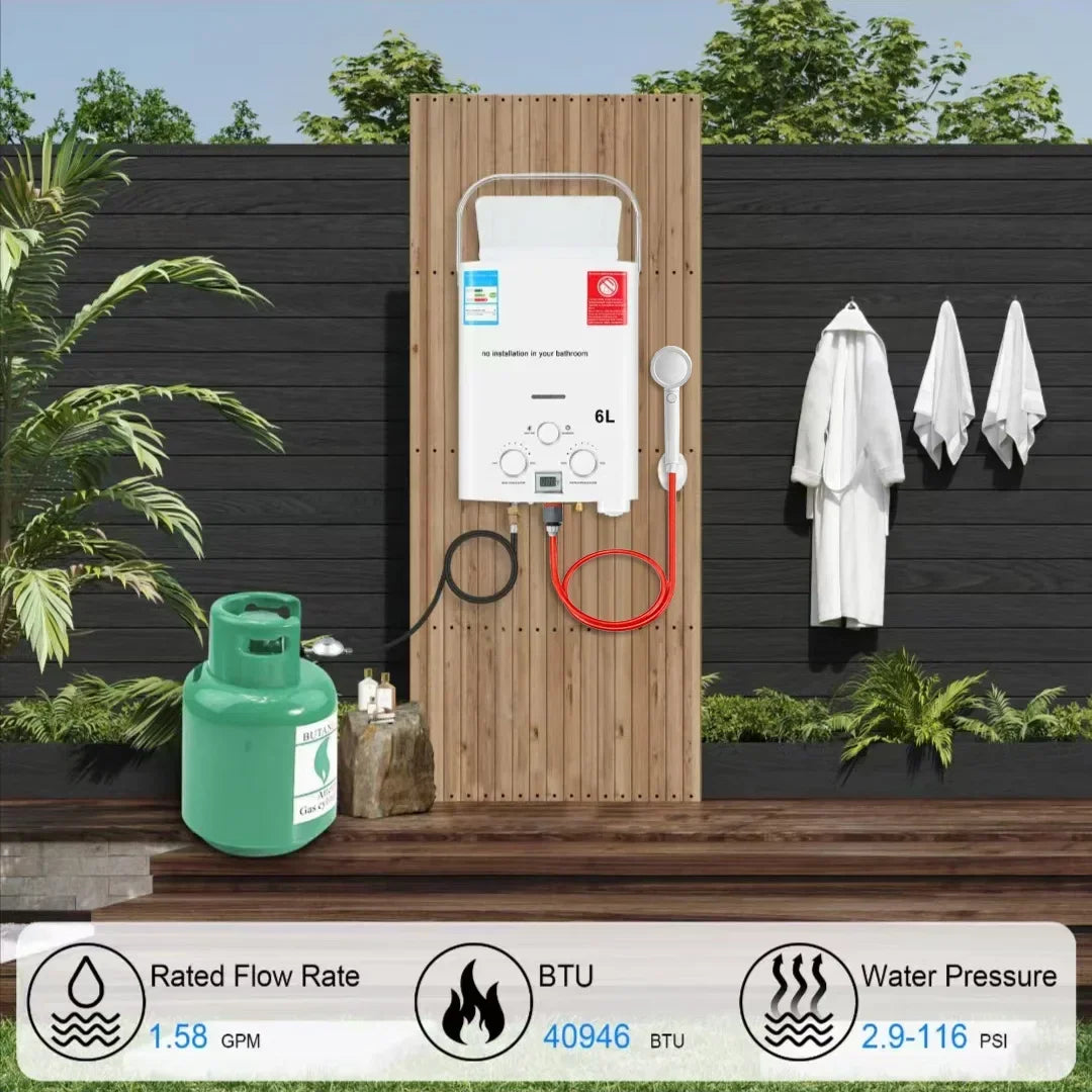 Calentador de agua instantáneo sin tanque de 6 litros para acampar al aire libre, a gas propano, con cabezal de ducha, para auto, camión y tienda de campaña.