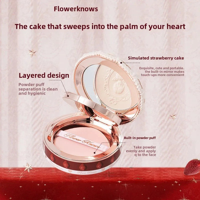 Flower Knows Strawberry Cupid Collection Pressed Powder Mineral Makeup Powder Foundation With Concealer & Finishing Vegan