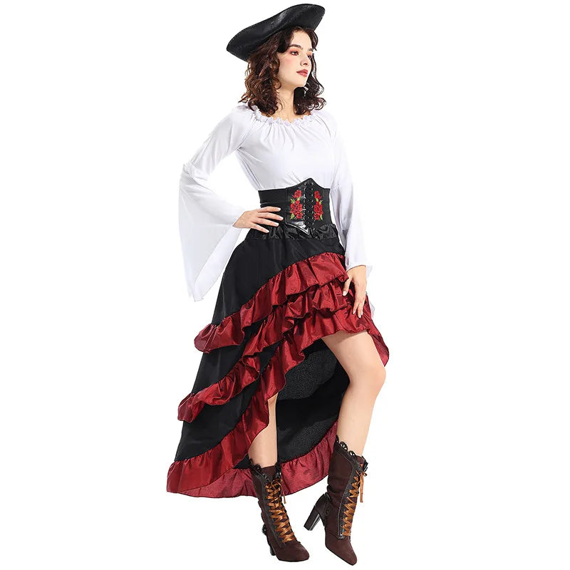 Halloween Womens Cosplay Medieval Pirate Costume Top Corset Skirt Hat Retro Voyager Dress Carnival Play Suit Party Fancy Dress