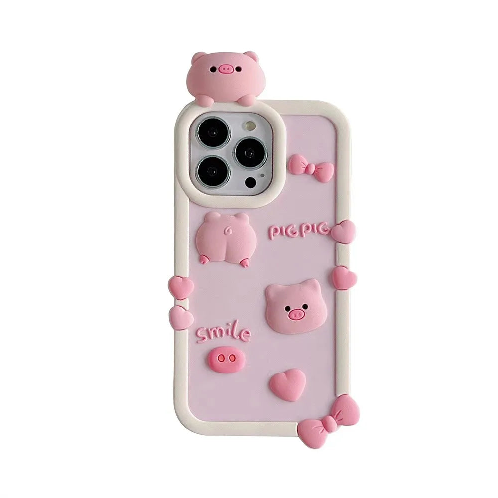 Funda para teléfono con diseño estereoscópico de cerdo enamorado con dibujos animados en 3D