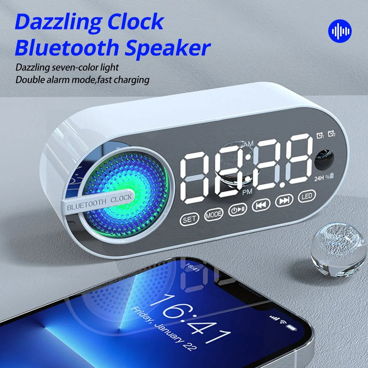 Altavoz Bluetooth inalámbrico silencioso, despertador RGB TWS, USB, LED, espejo, reloj digital FM, pantalla grande, decoración para sala de estar y oficina.