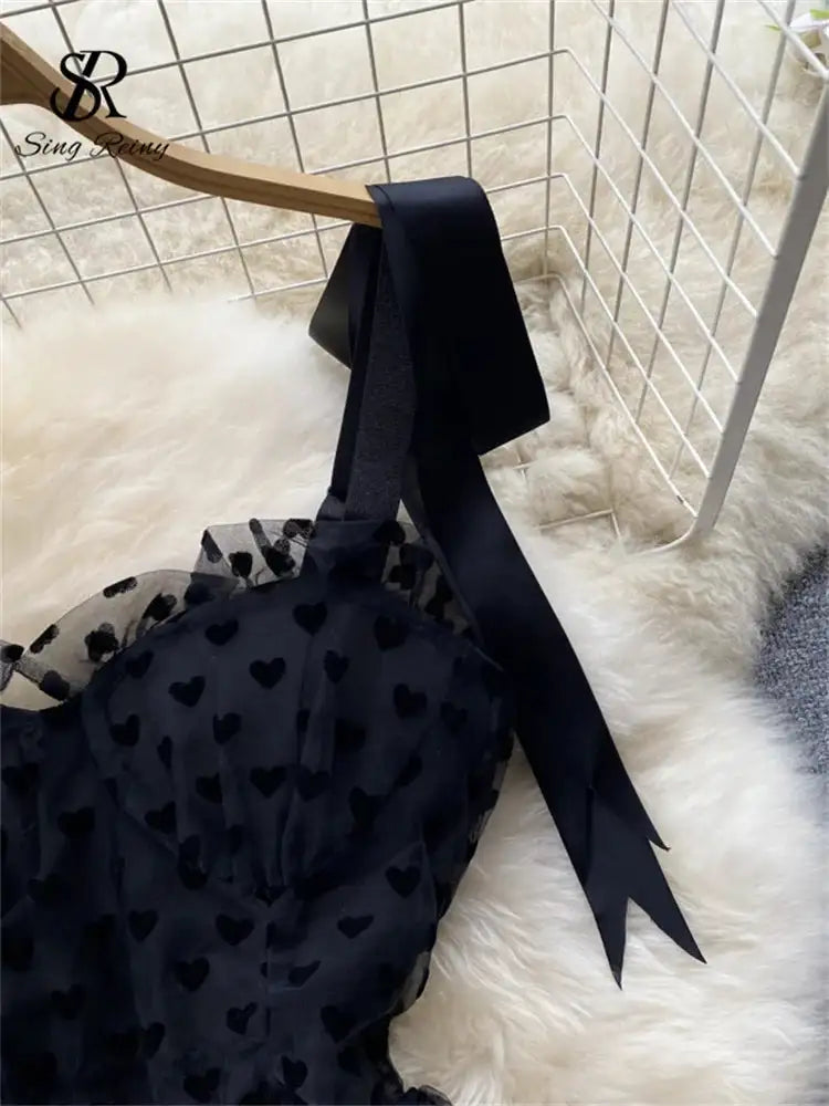 SINGREINY High Quality A Line Mesh Long Dress Spaghetti Strap Sleeveless Sheath Sundress 2023 Women Fashion Dot Print Maxi Dress - Lootquake