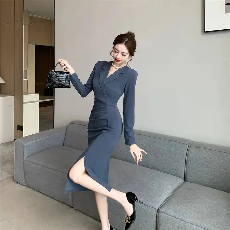 Women Pink Pleated Bodycon Formal Long Dress Autumn Winter Long Sleeve Chic Suit Dress 2025 Korean Fashion Elegant Party Dresses - Lootquake