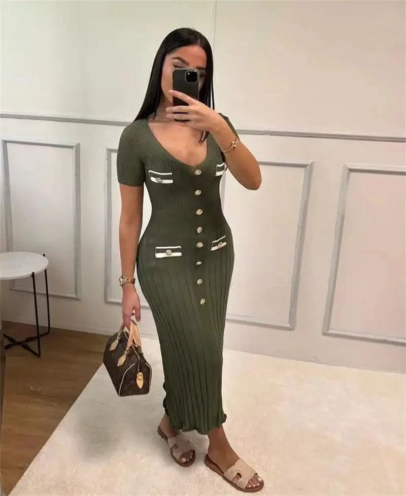 Office Lady Elegant Knitted Long Dress Summer Short Sleelve V Neck Single Breasted Bodycon Dresses Women Party Fashion Vestidos - Lootquake