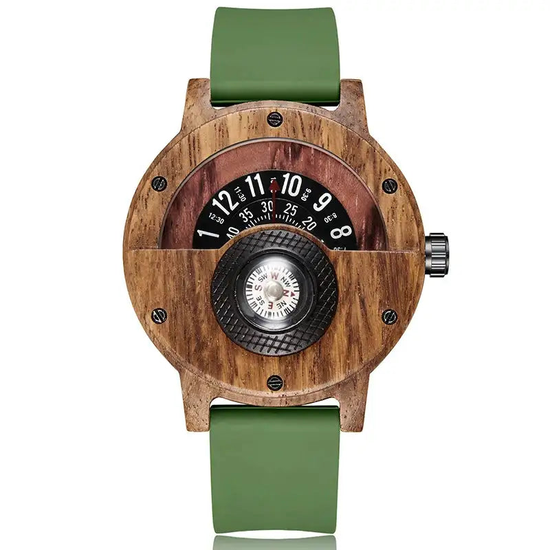 Natural Wood Watch Men Turntable Compass Dial Real Walnut Ebony Bamboo Wooden Watches Male Brown Concept Clock Quartz Wristwatch - Lootquake