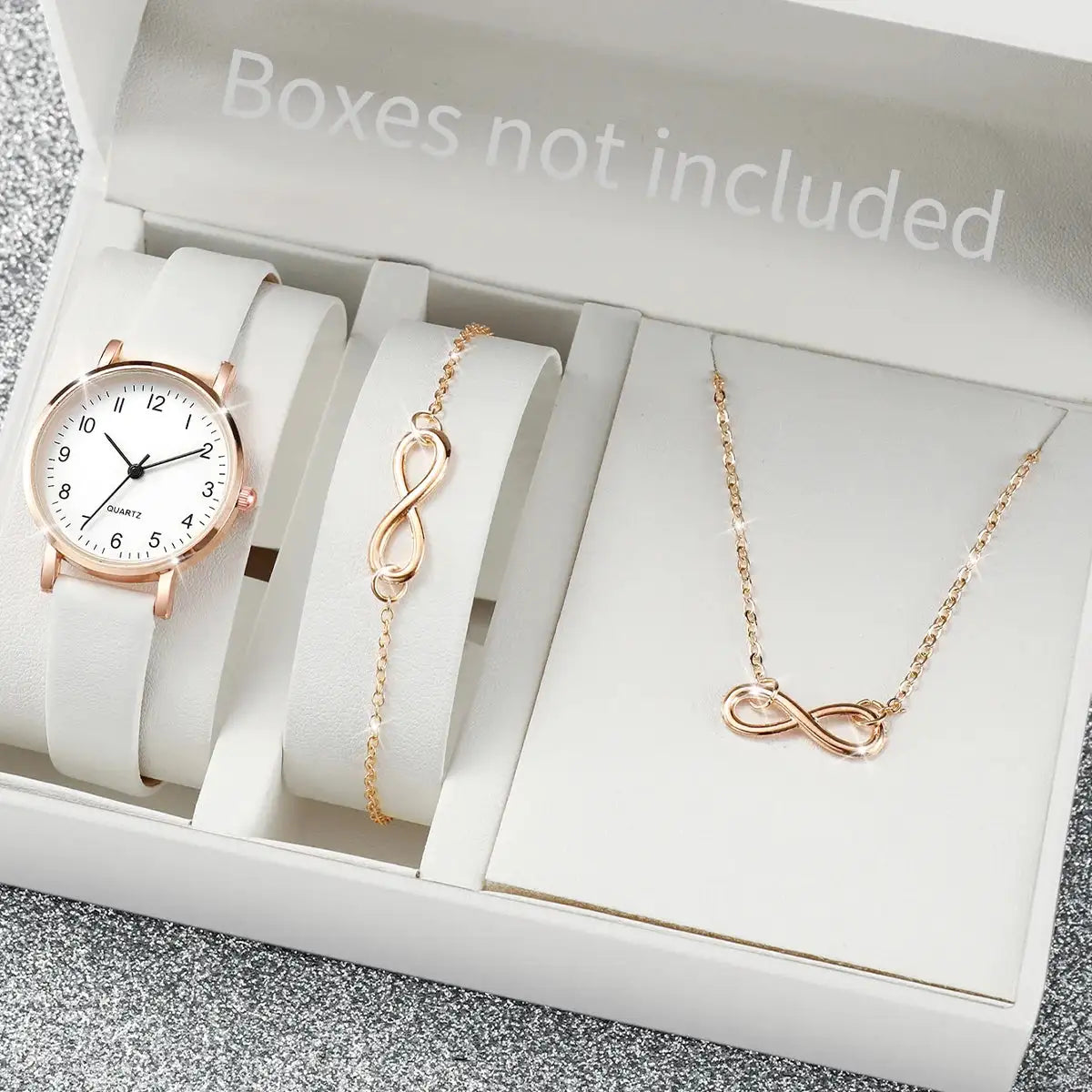3pcs/set Women Leather Simple Quartz Watch with Number 8 Bracelet Necklace Set - Lootquake