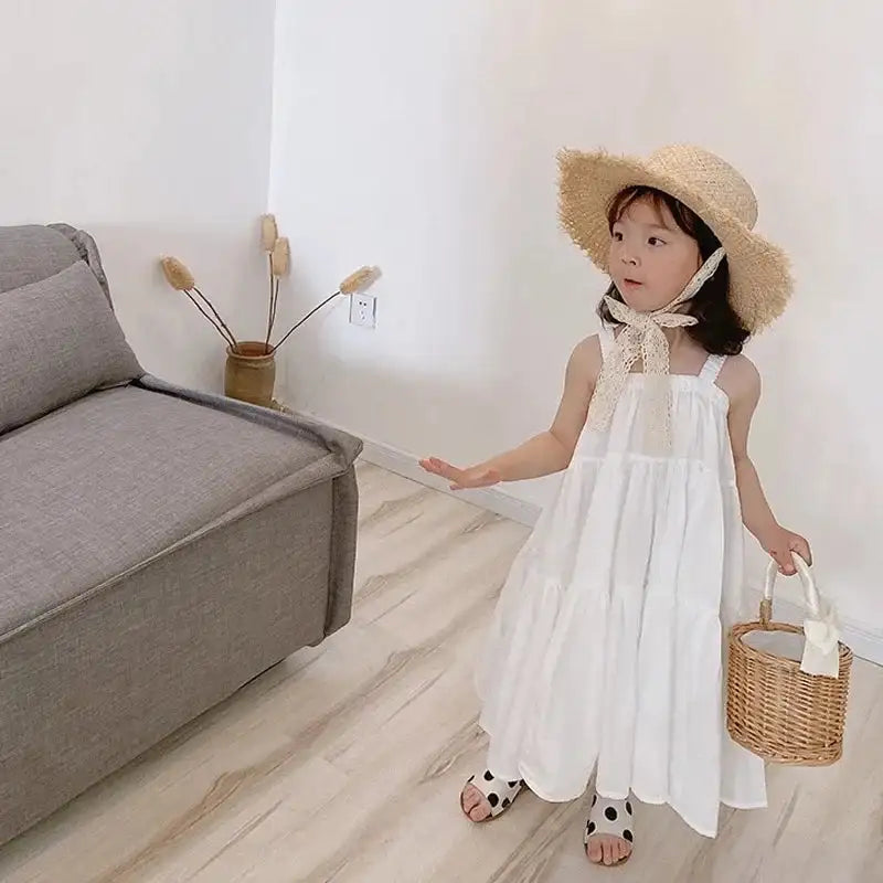 Girls Cotton Solid White Dress Ruffles Kids Strap Dress Summer Sleeveless Toddler Baby Long Dress Girl Clothes 1-6Y Kleid/robe - Lootquake