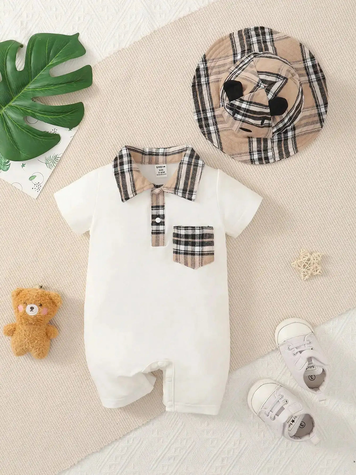 Two-piece baby boy design simple plaid neckline front pocket with plaid hat shorts spring/summer set - Lootquake