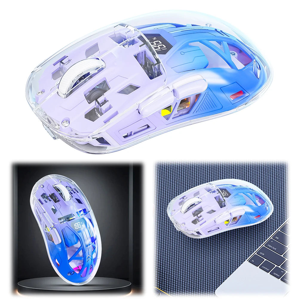 Souris de jeu sans fil transparente 2,4 GHz + BT5.0, affichage numérique, connexion multi-appareils, 5 niveaux de DPI pour ordinateur portable/téléphone/PC