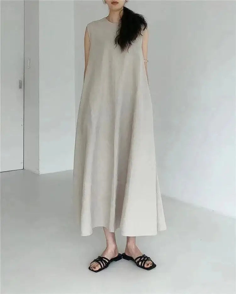 2022 Minimalist Chic Loose Swing Sleeveless Mid-length Casual Cotton Linen Long Dress Round Neck High Waist Women Runway Dress - Lootquake