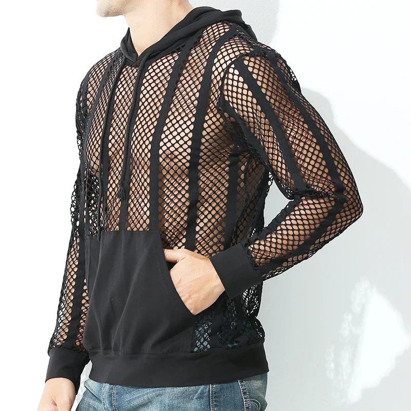 Men Mesh Shirt Transparent Long Sleeve Men Clothing Sexy Solid Party Nightclub Hooded Tops - Lootquake