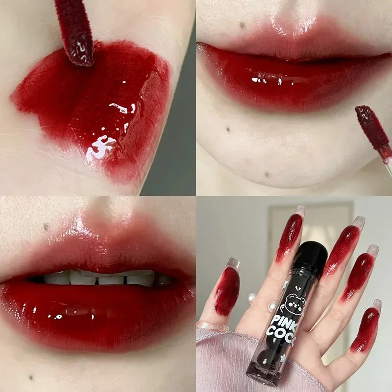 Lápiz labial líquido rojo oscuro con efecto espejo, color marrón rojizo, hidratante ligero, antiadherente, con alta pigmentación, maquillaje cosmético para labios.