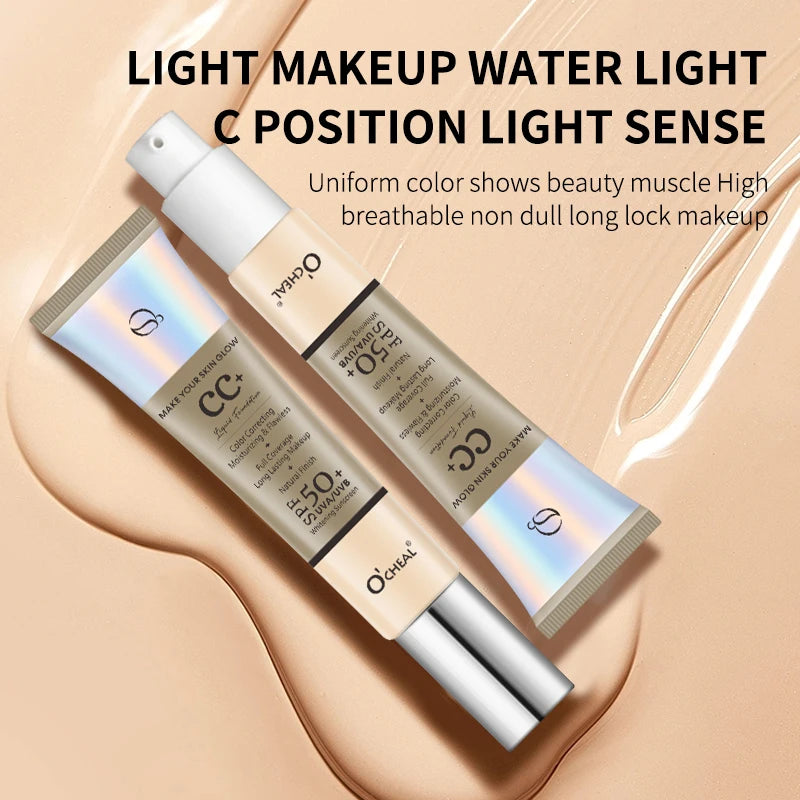 Ocheal 30 g CC Cream Foundation Corrector a prueba de agua Hidratante Protector solar Líquido FPS 50+ Prebase de maquillaje iluminadora de larga duración