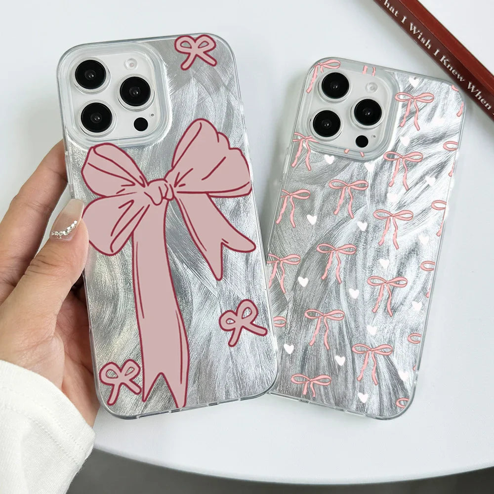 Funda para teléfono con lazo rosa y corazón blanco