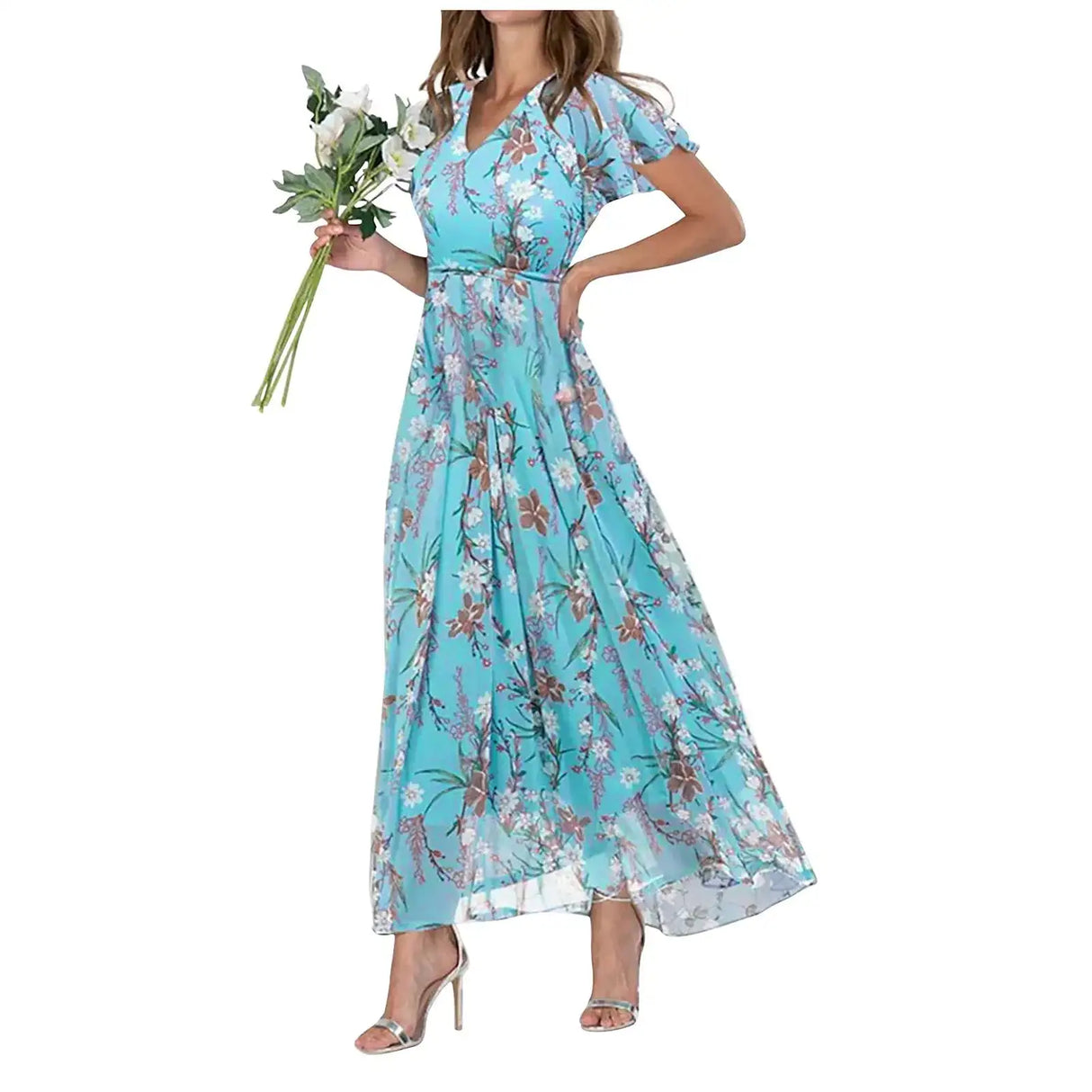 Vestidos Verano Moda 2024 Women's Swing Long Dress Chiffon Floral Short Sleeve Ruffle V Neck Fashion Waist Flowy Dress платье - Lootquake