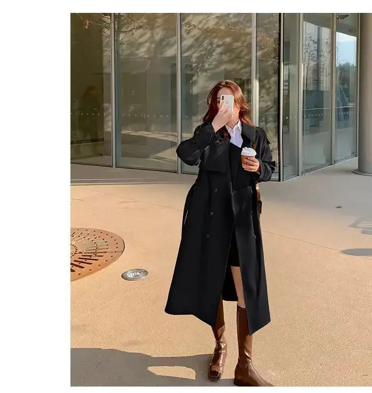 Streetwear Loose Trench Coat Midi Length Fashion Korean Elegant Khaki Black Women's Windbreaker Coat Casual Double Breasted Tops - Lootquake