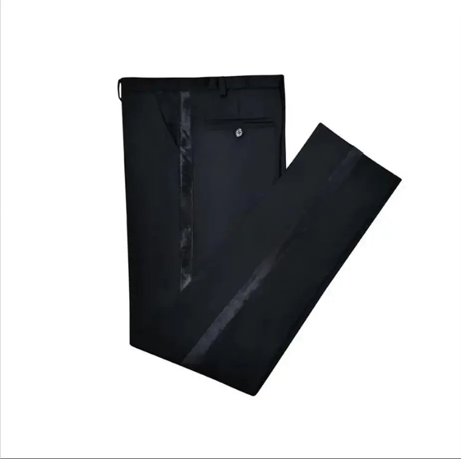 Black Men Pants with Side Satin Stripe One Piece Slim Fit Formal Male Trousers Official Fashion - Lootquake