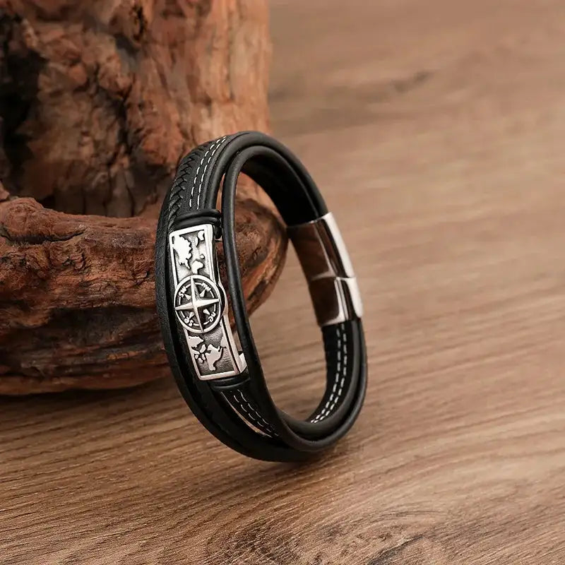 MKENDN Viking Style Compass Norse Runes Amulet Men MultiLayer Leather Stainless Steel Bracelet Norse Mythology Jewelry - Lootquake