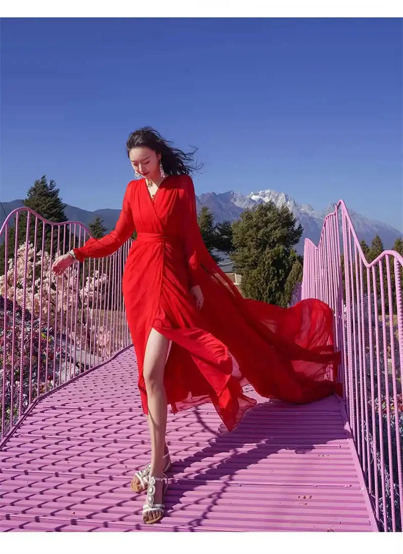 2025 Spring/Summer Silk Dress with Charm Seaside Vacation Beach Dress Red Extra Long Tailed Long Dress White Elegant And Gracefu - Lootquake