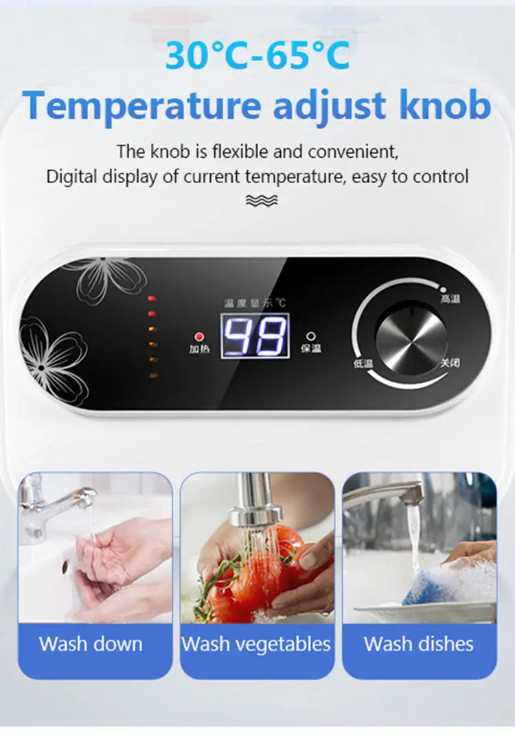 Chauffe-eau électrique instantané à stockage d'eau de 8 L, isolation thermique rapide, affichage numérique, bouton de contrôle du thermostat, entrée d'eau haut/bas