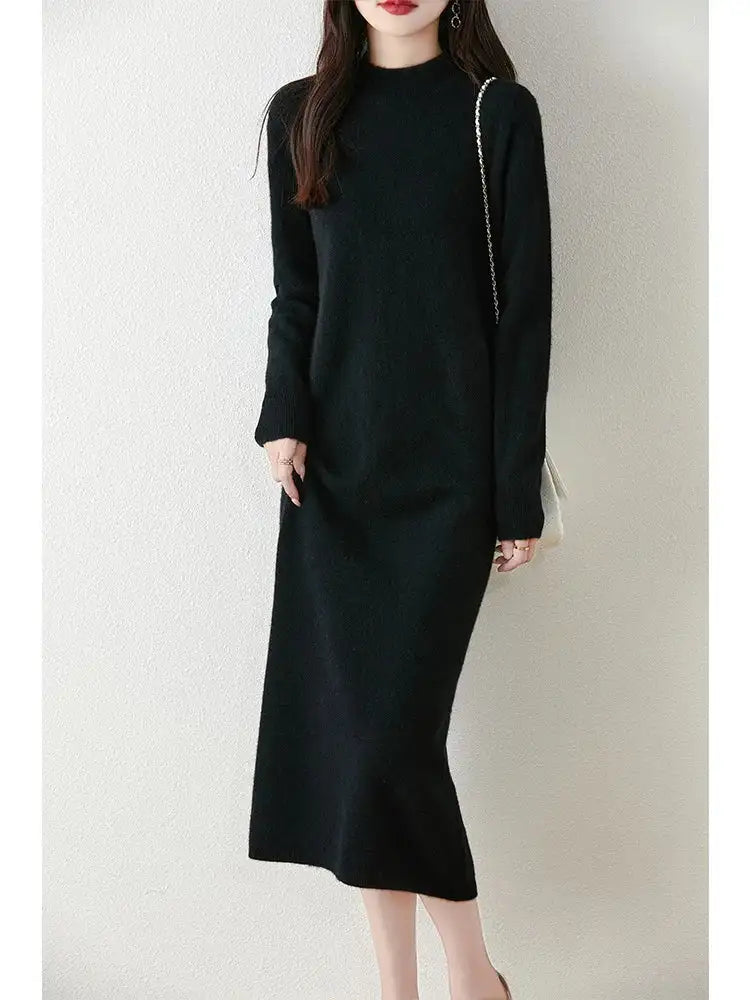Autumn Winter Women's Wool Long Dress Cashmere Mock Neck Pullover Sweater 100% Merino Wool Soft Knitwear OL Simple Basic Dress - Lootquake