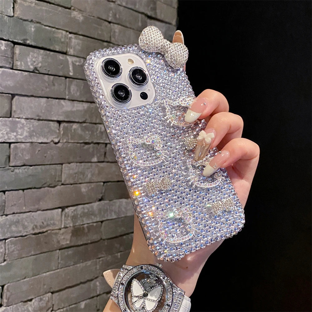 Funda para teléfono con lazo rosa y cara de Hello Kitty con purpurina de diamante