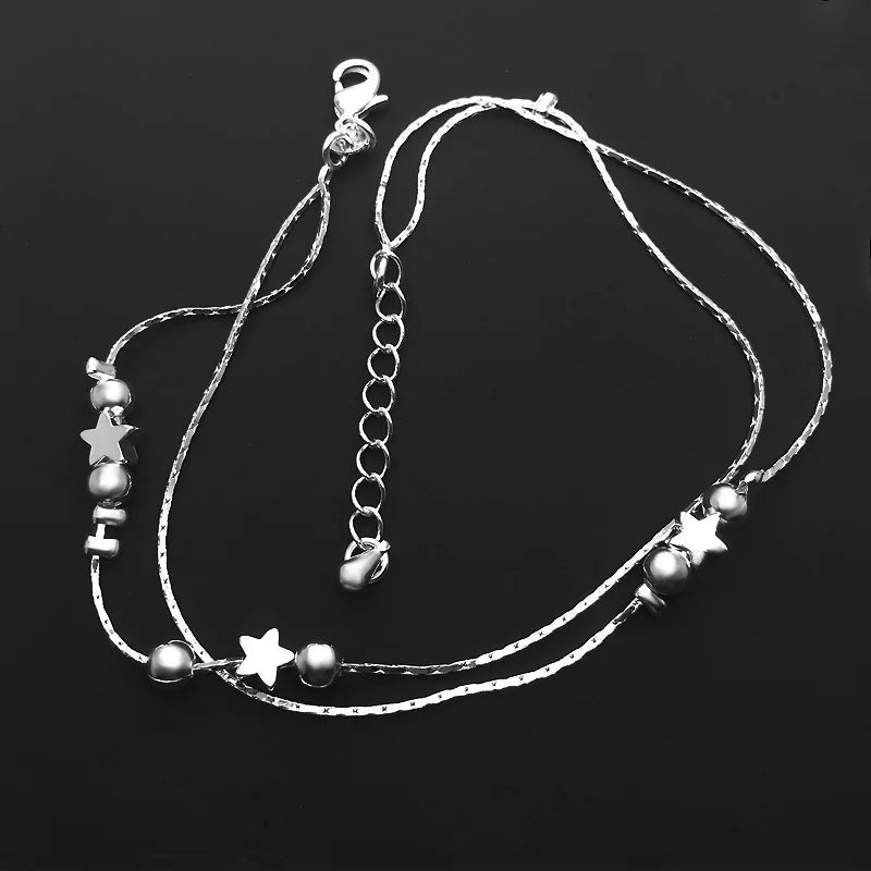 Silver color Stars Anklet Double Layer plated Charms Ankle Bracelet Jewellery Anklets For Women Foot Jewelry Love 2023 new hot - Lootquake