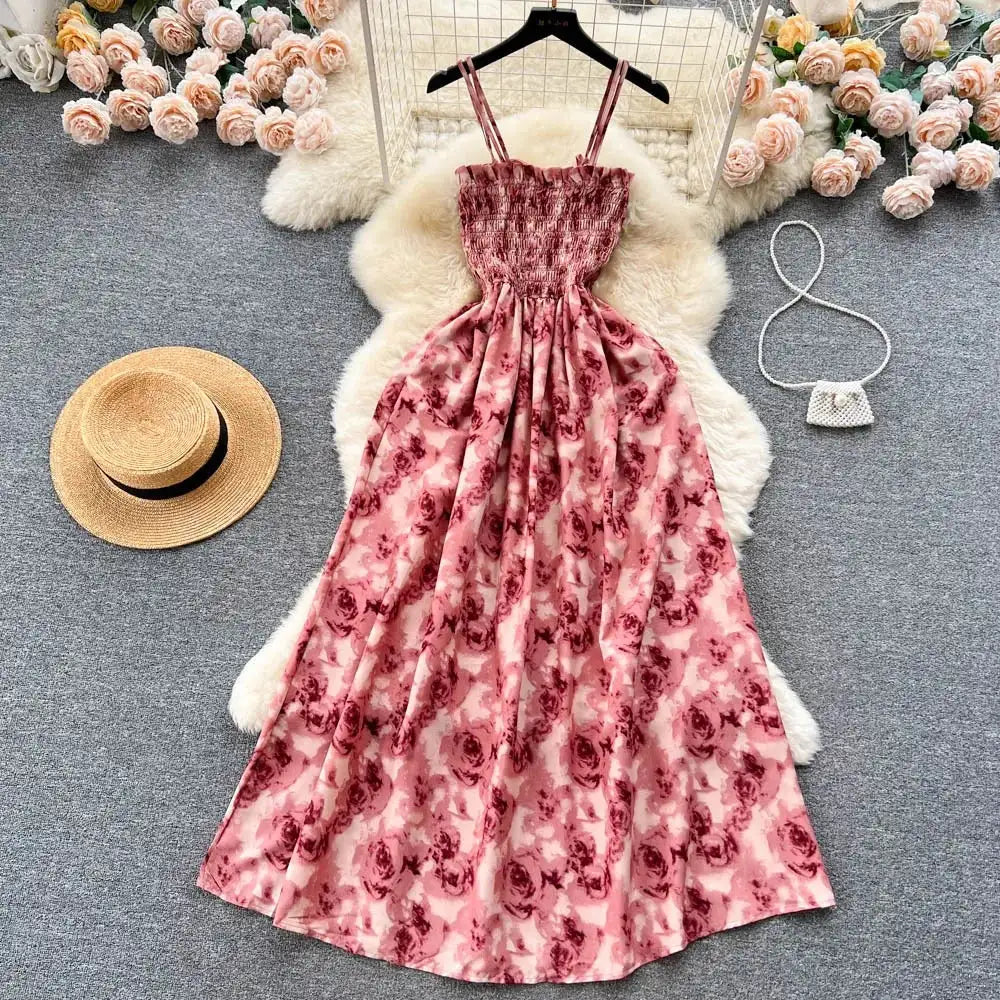 YuooMuoo Korean Fashion Rose Flower Print Romantic Retro Party Dress Summer Elastic High Waist Vacation Long Dress Beach Vestido - Lootquake