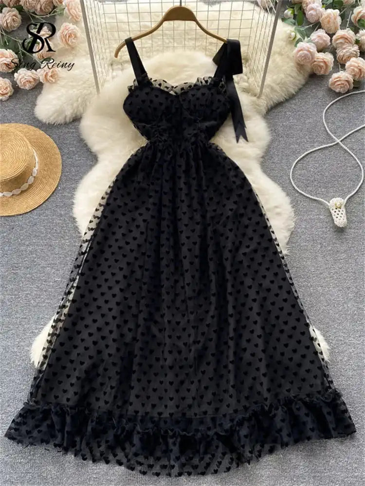 SINGREINY High Quality A Line Mesh Long Dress Spaghetti Strap Sleeveless Sheath Sundress 2023 Women Fashion Dot Print Maxi Dress - Lootquake