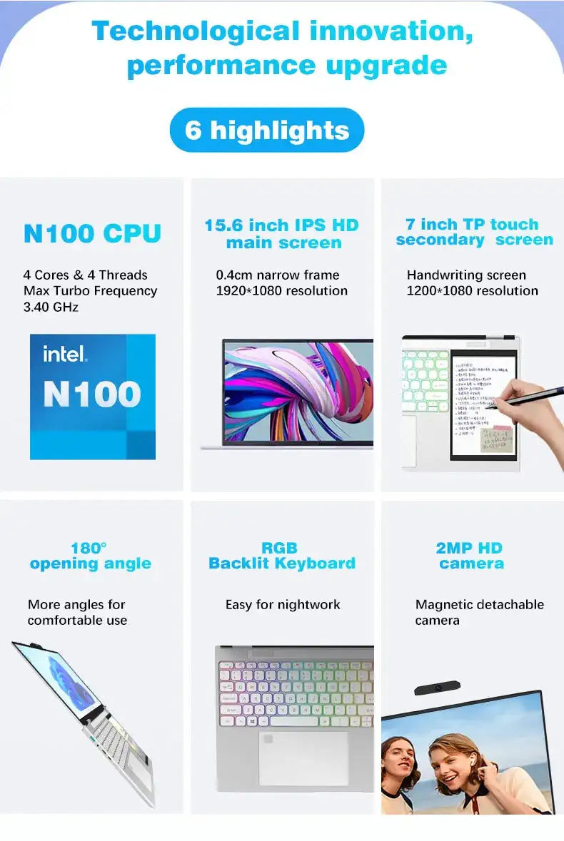 CRELNADER Dual Screen Laptop 7 Inch Touch Screen Metal Case RGB Backlit Fingerprint Unlock Window 11 Ultrathin Laptops Notebook - Lootquake