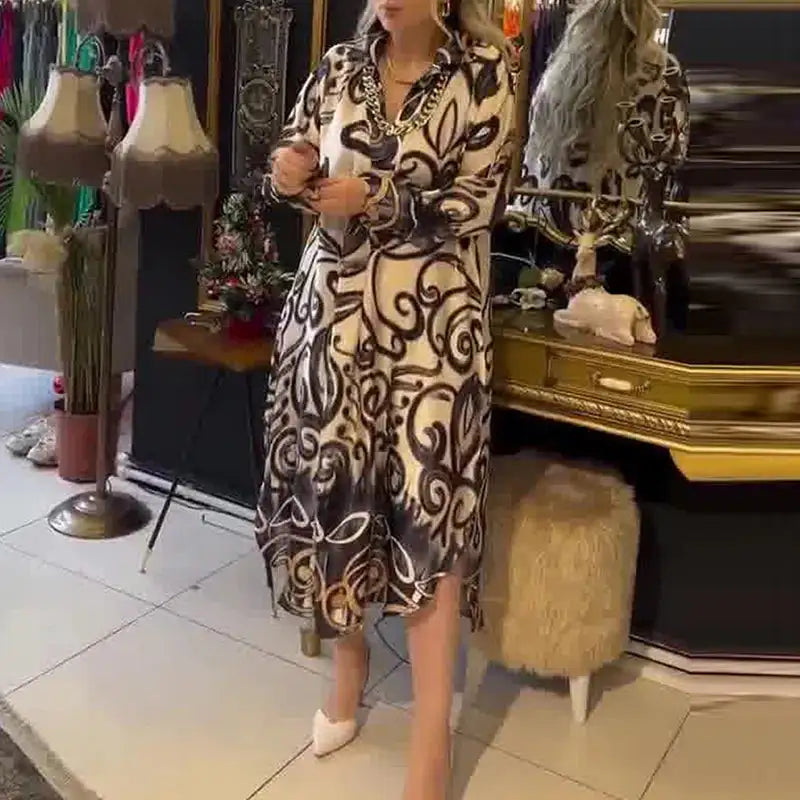 Vintage Fashion Printed V-neck Long Dress Women Spring Long-sleeved Loose Bohemian Dress Autumn Casual A-Line Maxi Dress Vestido - Lootquake