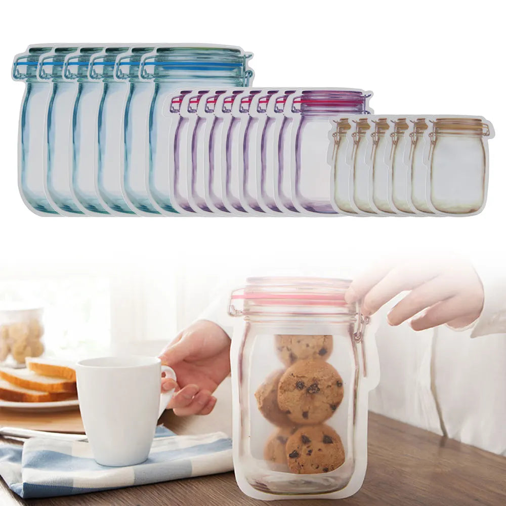 20/40Pcs Reusable Mason Jar Bottles Bags Nuts Candy Cookies Bag Sealed Plastic Bags Home Storage Supply 3 Size Zip Lock Bags New