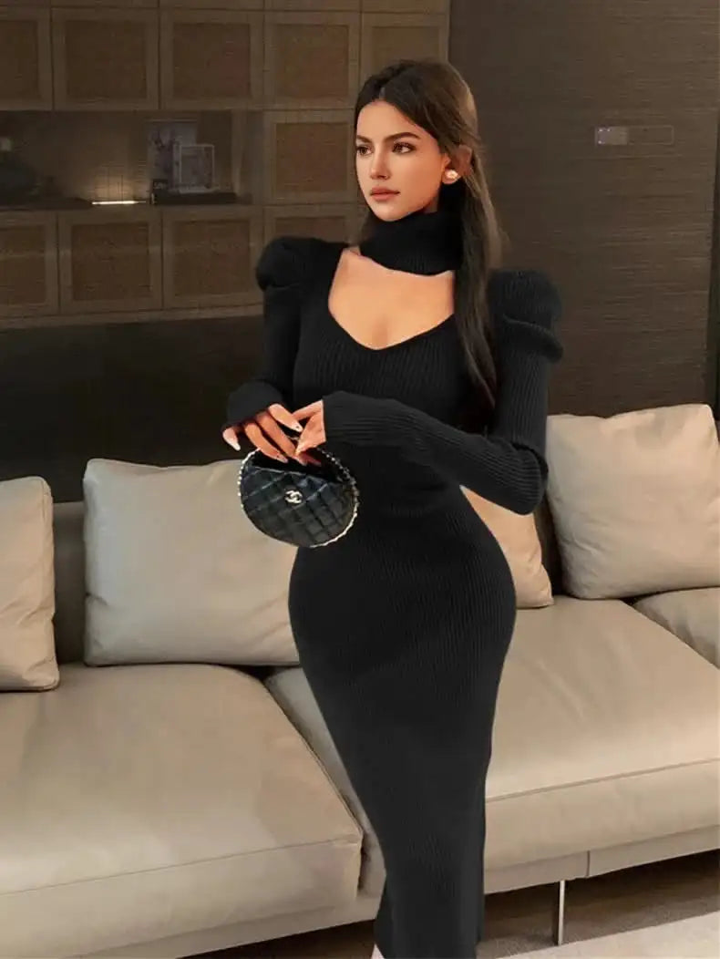 YuooMuoo Chic Fashion Elegant Knitted Long Dress with Neck Scarf 2024 Autumn Winter Ribbed Office Lady Bodycon Sweater Vestidos - Lootquake