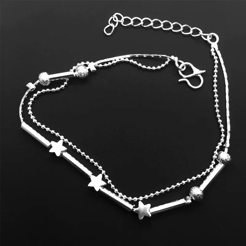 Silver color Stars Anklet Double Layer plated Charms Ankle Bracelet Jewellery Anklets For Women Foot Jewelry Love 2023 new hot - Lootquake