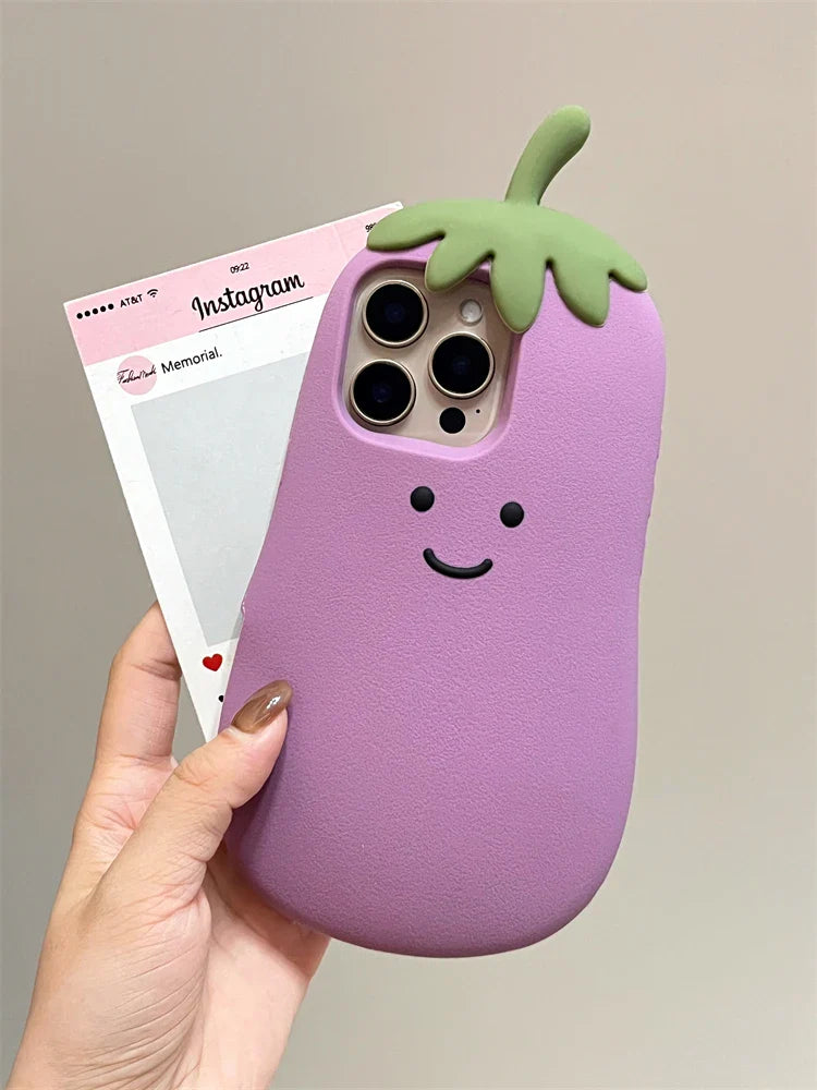 Funda de silicona suave para teléfono con diseño de berenjena feliz kawaii