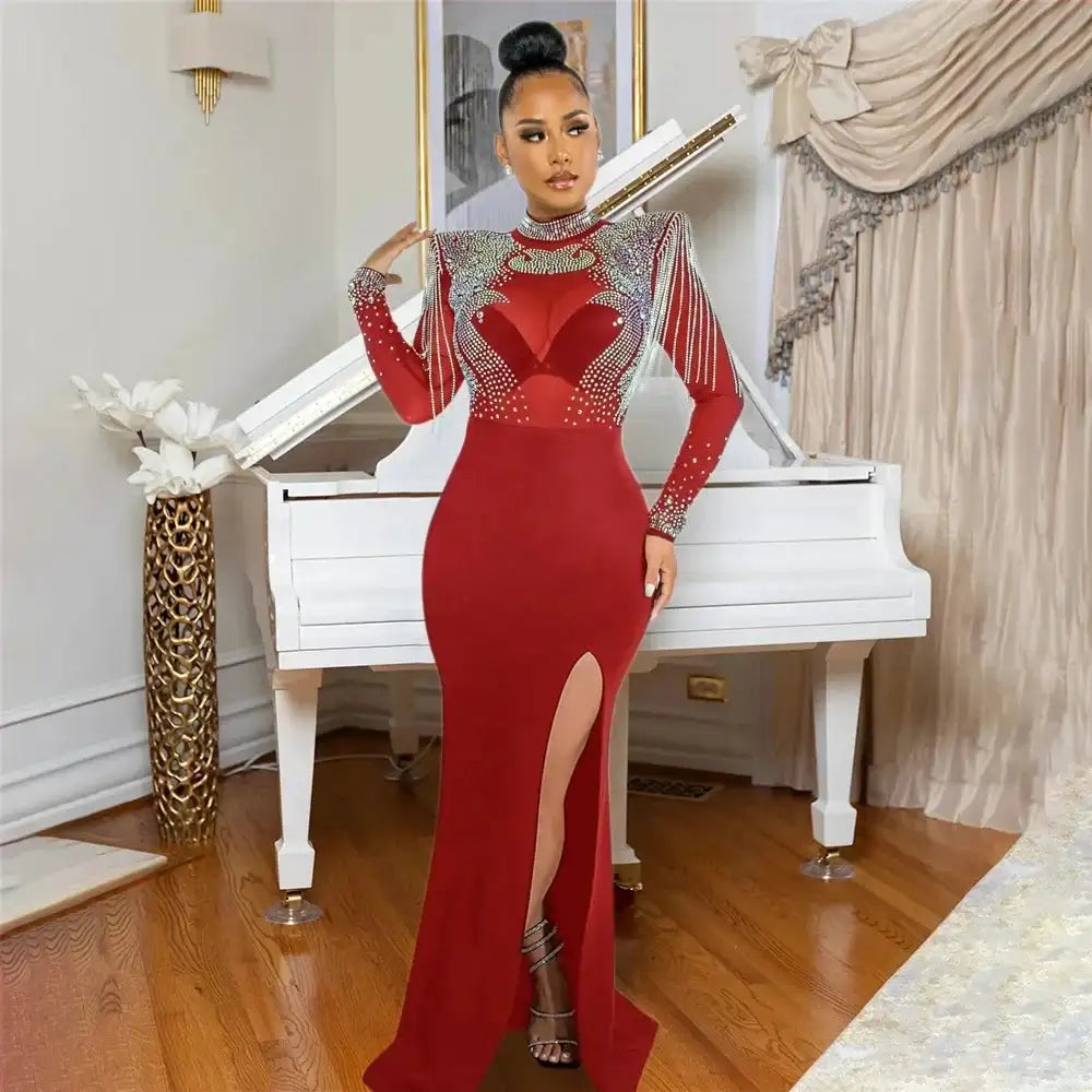 CM.YAYA Women Mesh See Through Long Sleeve Diamonds Hot Rhinestones Mermaid Long Dress Fall Evening Sexy Party Dresses Vestidos