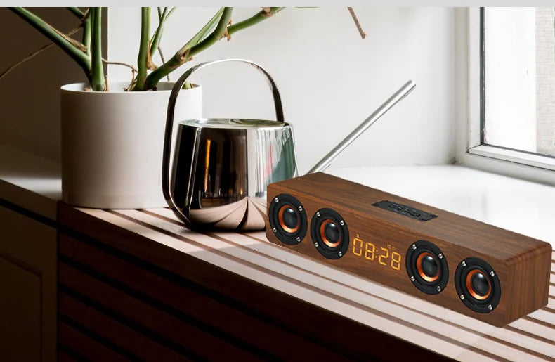 Altavoz Bluetooth de madera, portátil, inalámbrico, subwoofer, reloj, caja de sonido, ordenador de casa, barra de sonido de pared, estéreo HiFi, TF, AUX, disco U