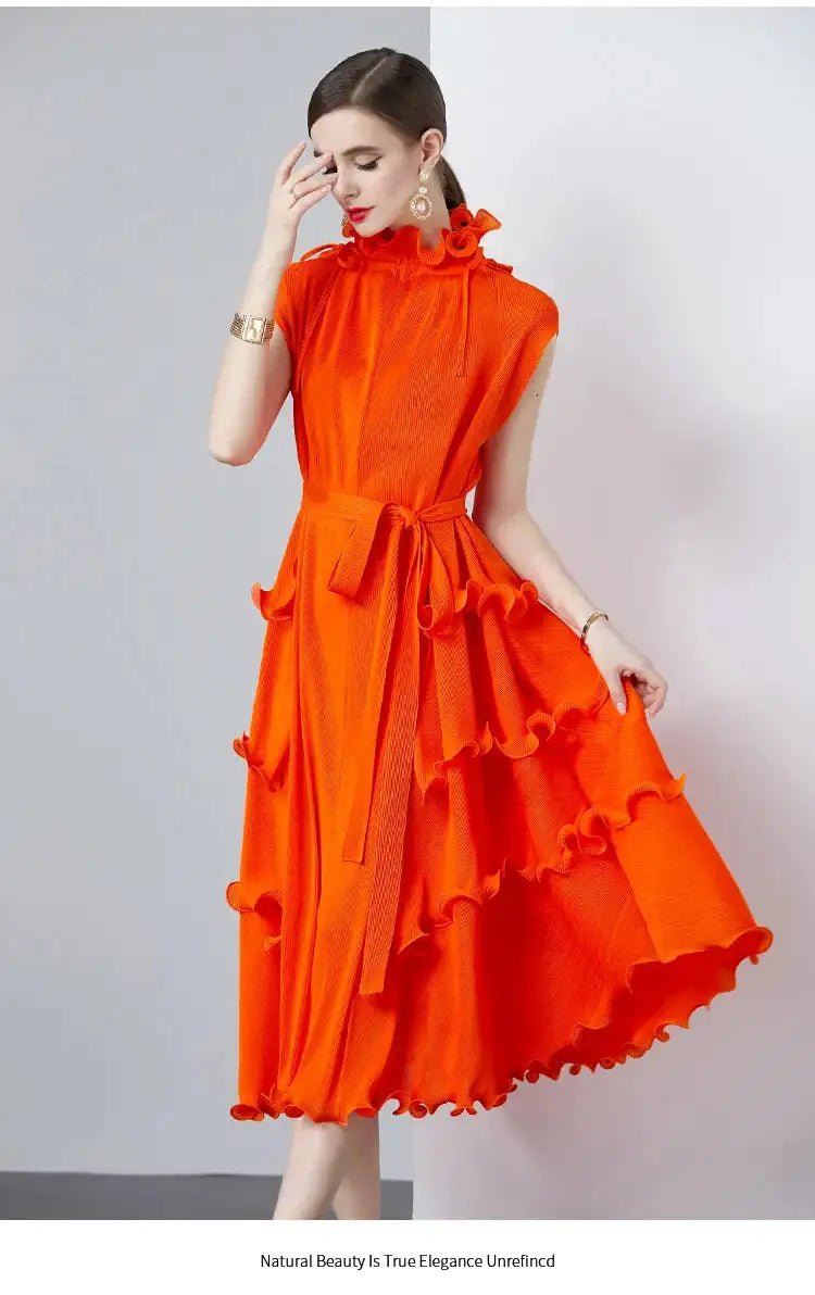 Miyake Pleated Shoulder Bag Heavy Industry Wood Ear Edge Pleated Lace-up Belt Long Dress Stand Collar Plus Size Women's Clothing - Lootquake