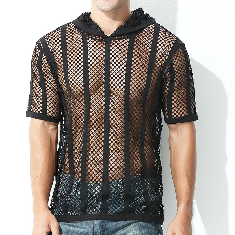 Men Mesh Shirt Transparent Long Sleeve Men Clothing Sexy Solid Party Nightclub Hooded Tops - Lootquake