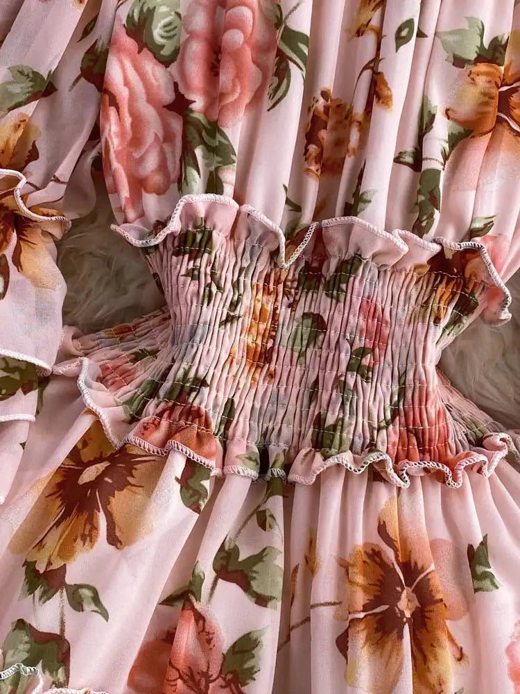 Summer New Off Shoulder Wrap Waist to Show Thin A-line Fragmented Cake Dress Women's Beach Vacation Chiffon Long Dress GD820 - Lootquake