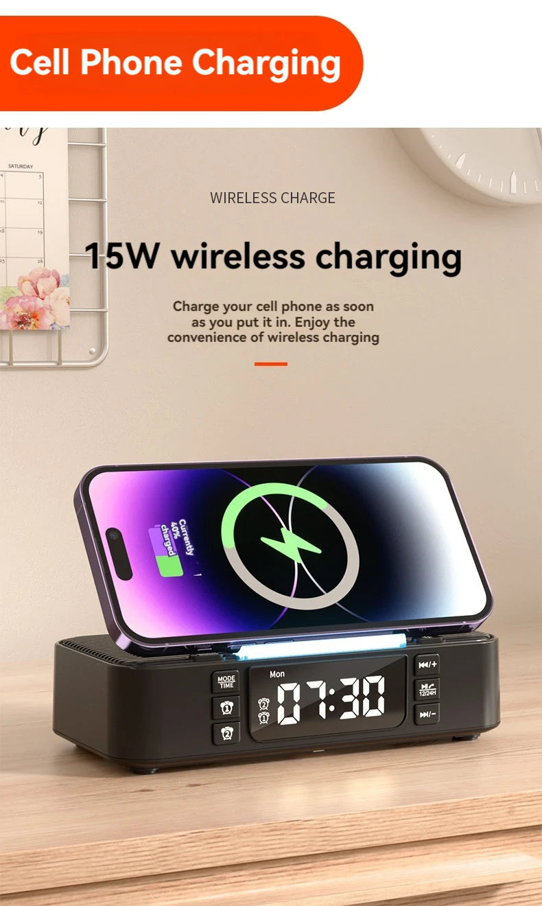 Altavoz Bluetooth portátil con carga inalámbrica, luz ambiental, reloj, función de alarma, altavoz doble, carga USB