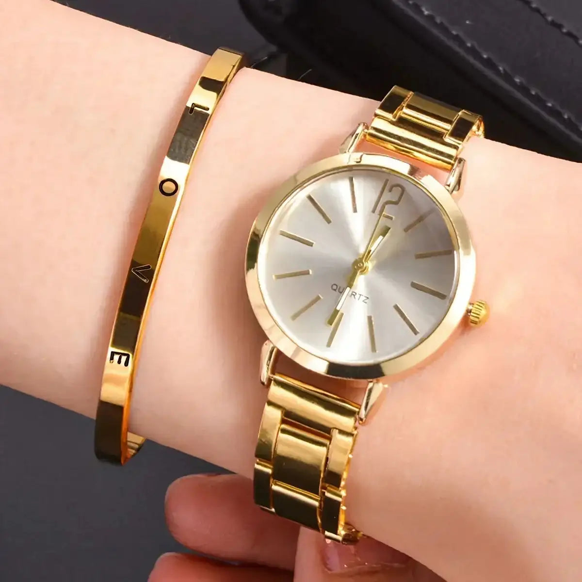 2pcs Set Watch Luxury Women Simple Dial Hollow Strap Fashion Gold Bracelet Quartz Wristwatch Student Ladies Watches Reloj Mujer - Lootquake