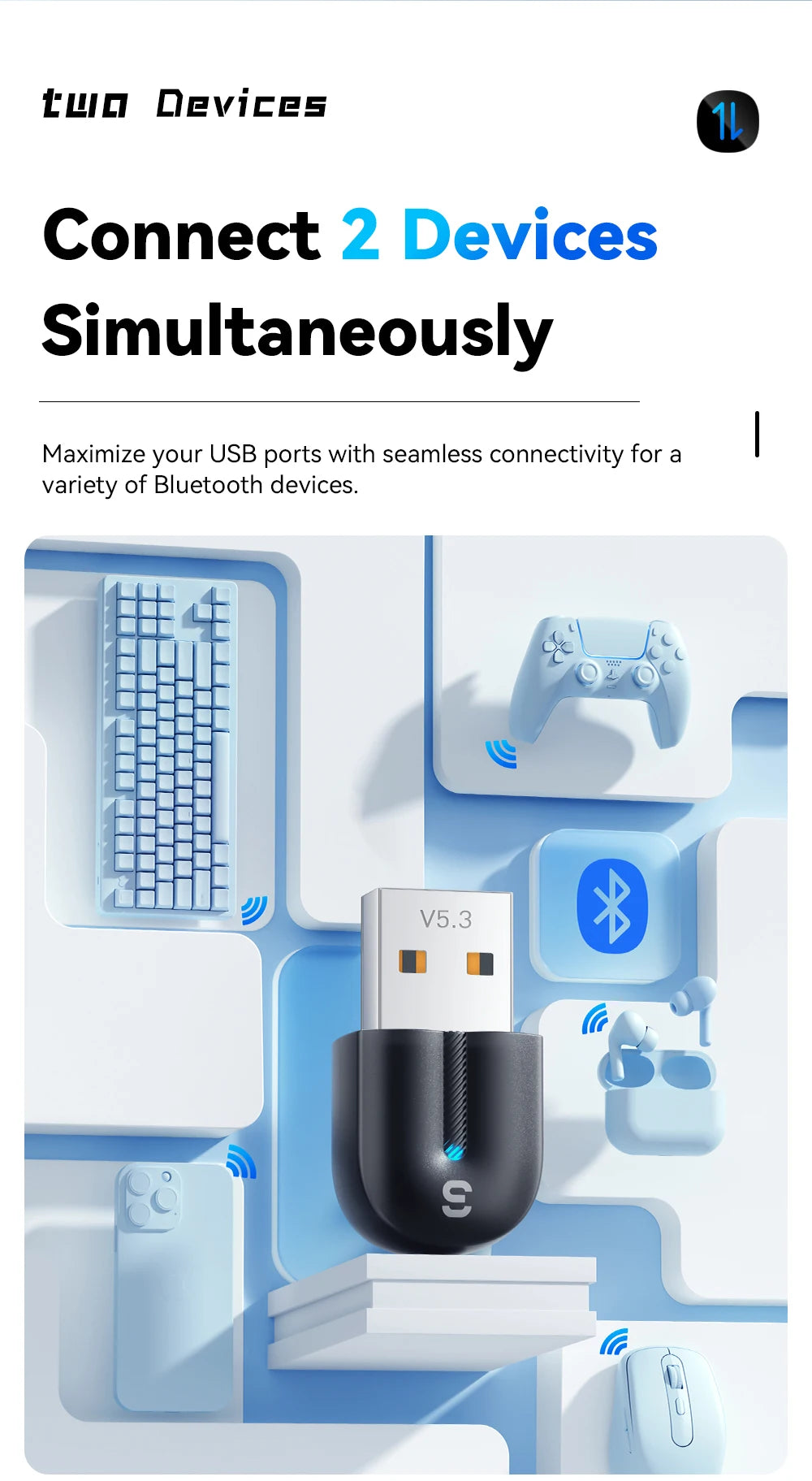 Adaptateur USB Bluetooth 5.3 Essager, récepteur audio auxiliaire, émetteur pour haut-parleur PC, ordinateur portable, boîte à son, souris sans fil, émetteur USB
