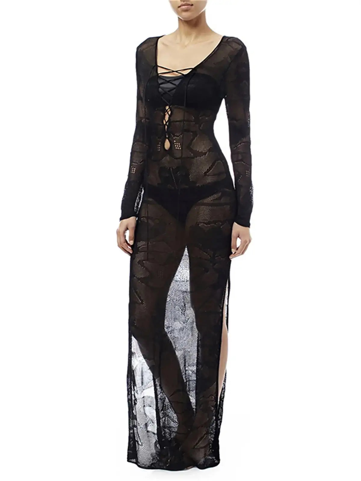 Deep V Dress Lace Up Long Sleeve Women Split Maxi Dress Crochet Knitted Tunic Mesh Sheer Sexy Bodycon Long Dress Vestido V4146B - Lootquake